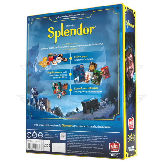 Splendor board game box with gem tokens, development cards, and noble tiles displayed.