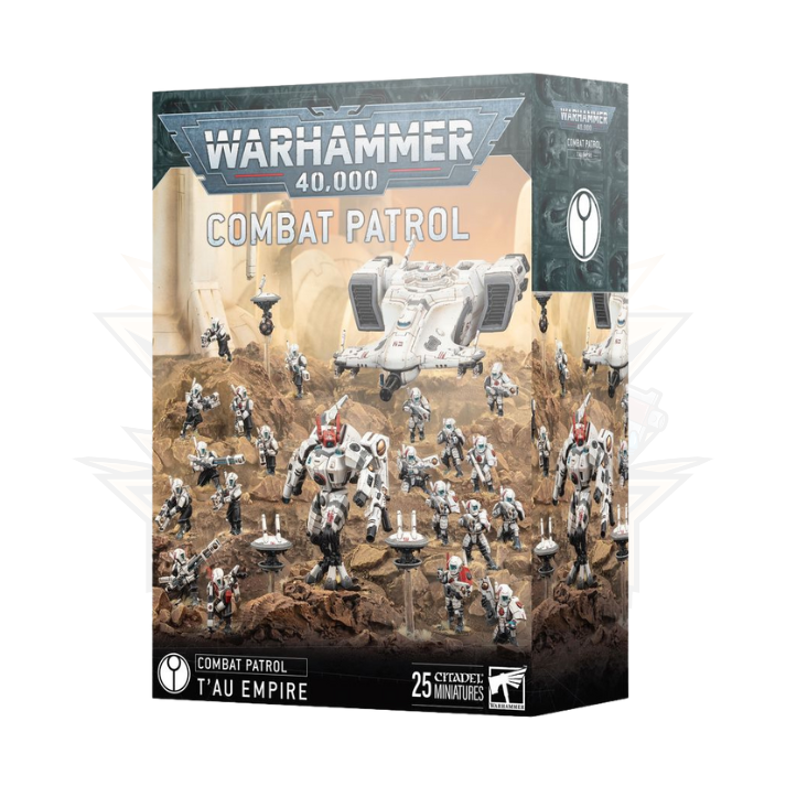 Warhammer 40K Combat Patrol: T’au Empire box set – includes Crisis Battlesuits, Fire Warriors, Devilfish, and drones.