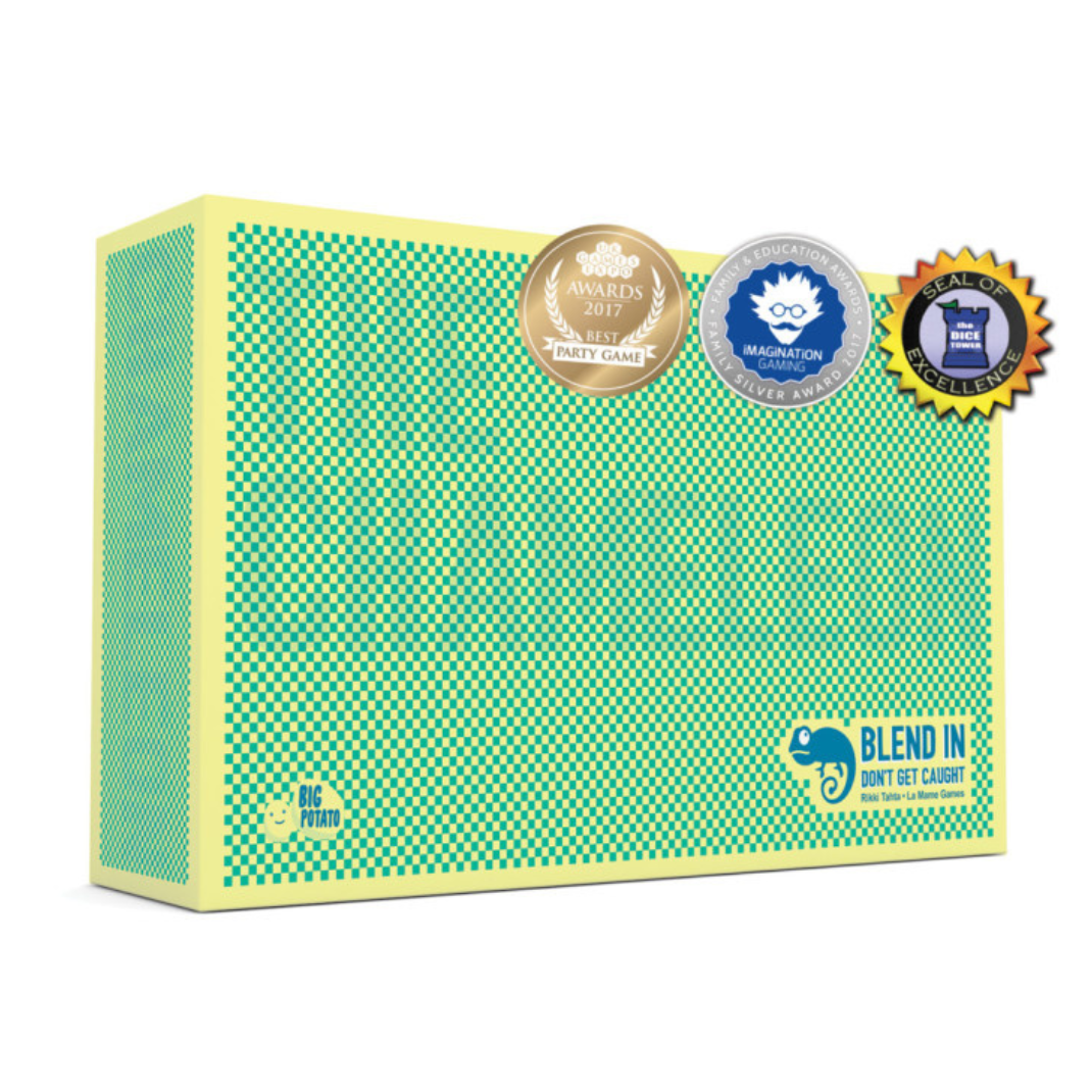 Box art for The Chameleon board game by Big Potato Games, featuring a bright neon green and pink design with a hidden lizard silhouette.