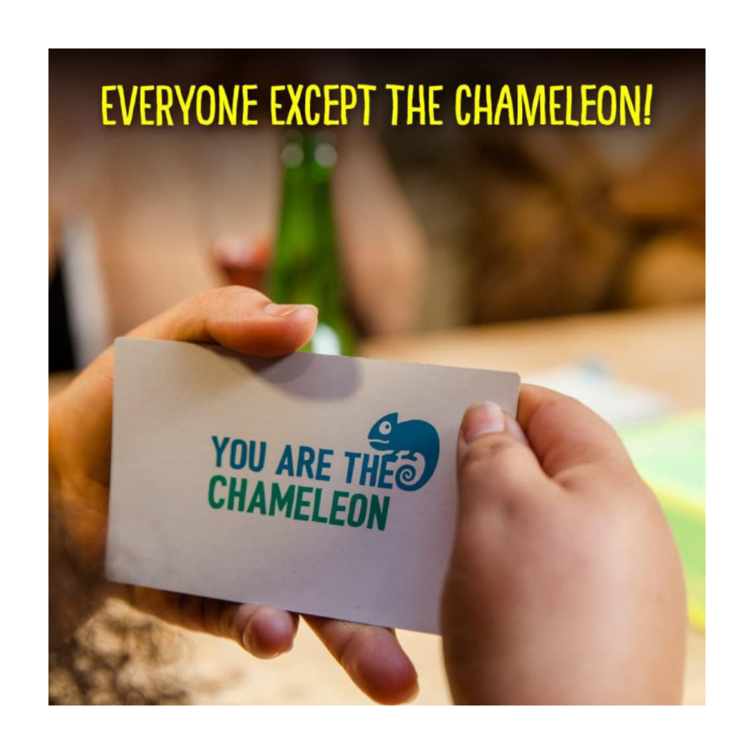 Hand holding a card with 'You Are The Chameleon' text and logo, with a humorous text overlay.