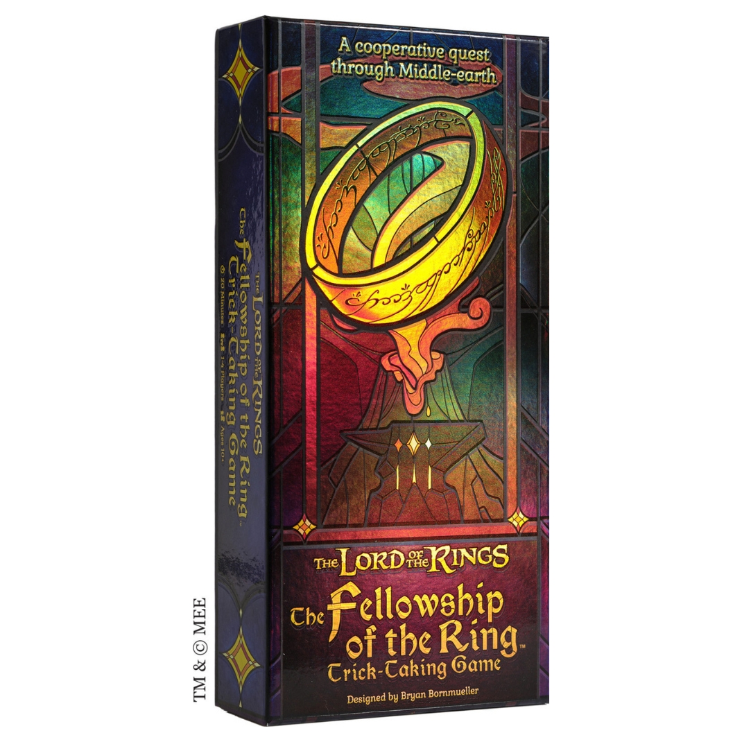 The Lord of the Rings: The Fellowship of the Ring Trick-Taking Game box art, featuring stained-glass illustrations of the Fellowship characters and the One Ring.