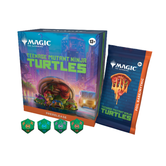 The official Magic: The Gathering | Teenage Mutant Ninja Turtles Prerelease Pack showing the themed box art, Play Boosters, and the Spindown life counter.
