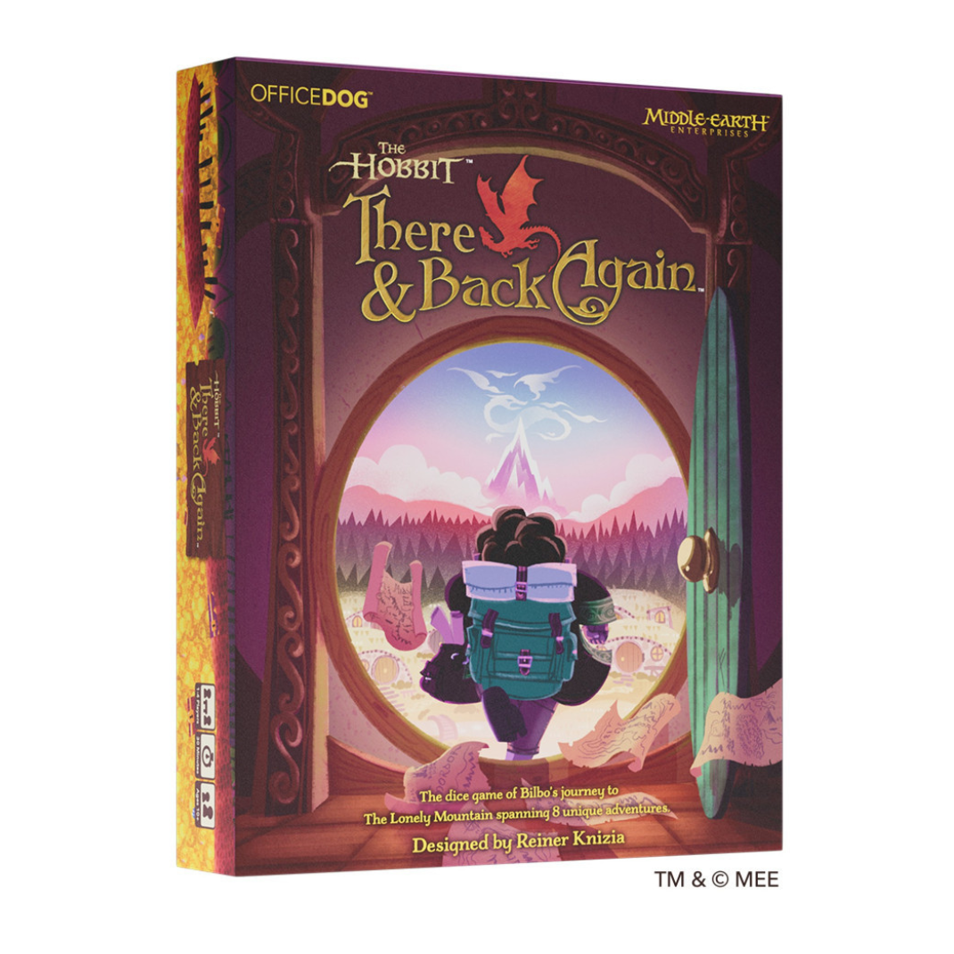 The Hobbit: There and Back Again board game box featuring stylized Bilbo Baggins artwork, alongside the premium dry-erase adventure books and custom dice.