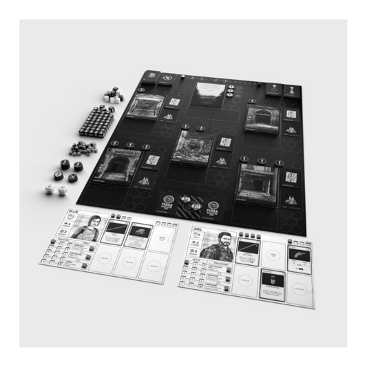 The Last of Us: Escape the Dark board game – cooperative narrative survival game with chapter cards and dice-based gameplay.