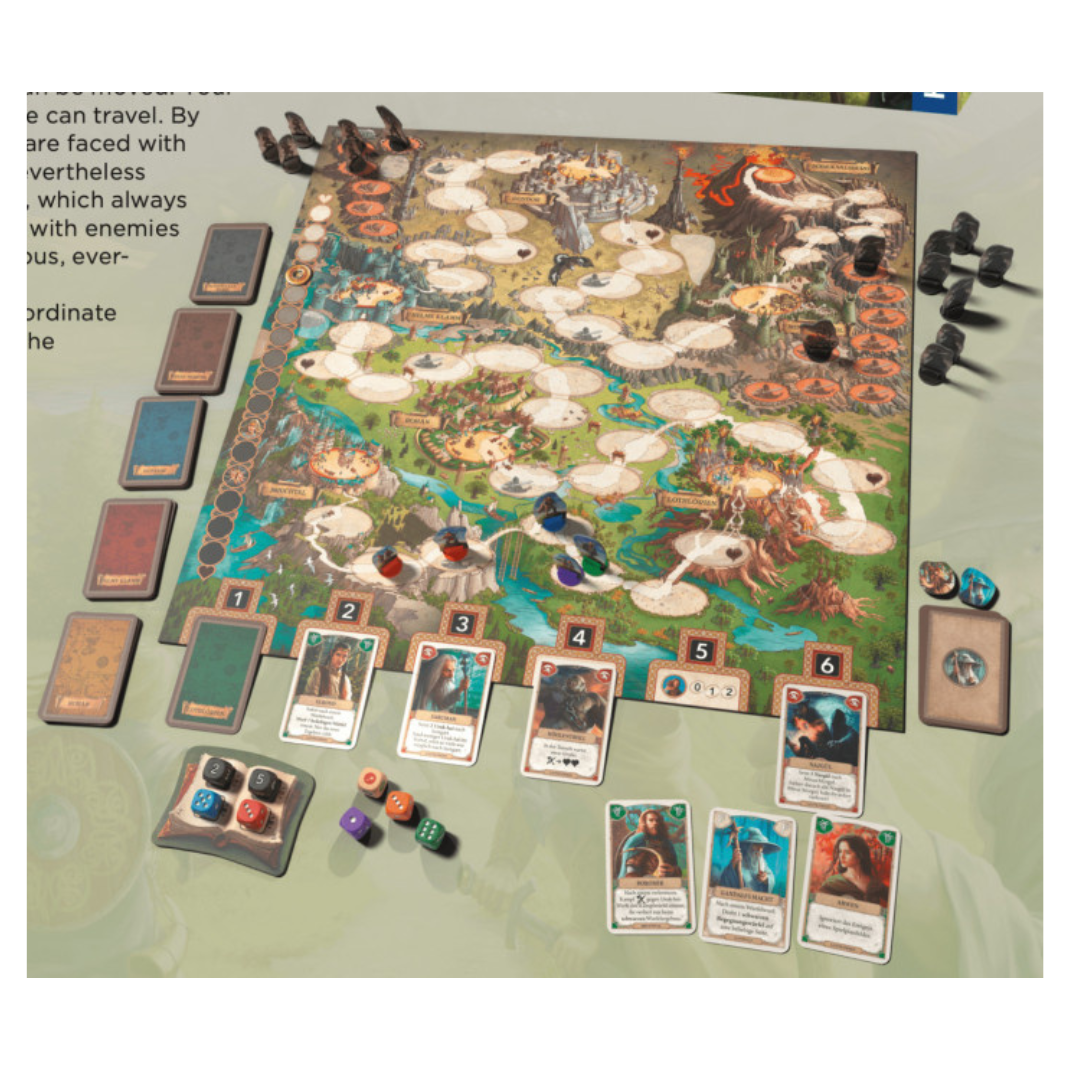 Box cover of The Lord of the Rings: Adventure to Mount Doom board game with Frodo and the Fellowship.