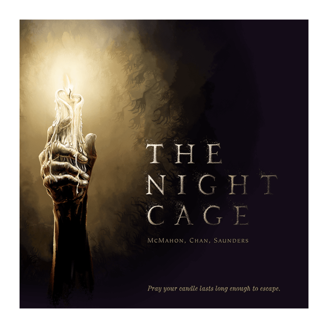 Box art for The Night Cage board game, featuring a minimalist black-and-white design of a flickering candle in a dark, labyrinthine cage.