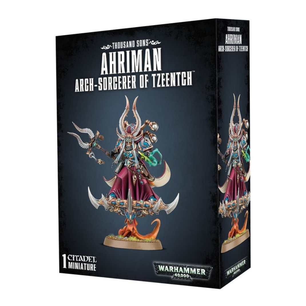 Multipart plastic kit for Ahriman, Arch-Sorcerer of Tzeentch, shown mounted on a Daemonic Disc of Tzeentch and wielding the Black Staff of Ahriman, ready to cast psychic powers in Warhammer 40,000.