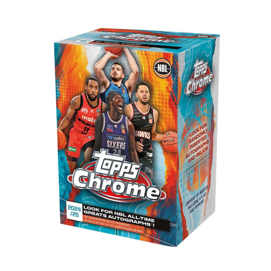 Topps Chrome NBL 2024/2025 Basketball Trading Cards Value Blaster Box featuring premium Chrome parallels and rookies.