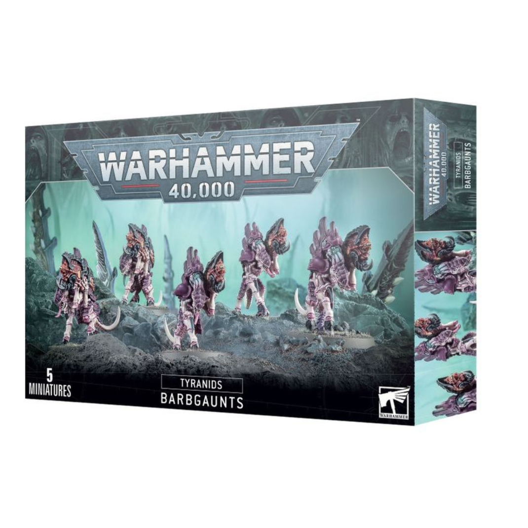 A squad of five Tyranid Barbgaunt miniatures, showing the parasitic bio-cannons fused to their backs and their heavy chitinous armor.