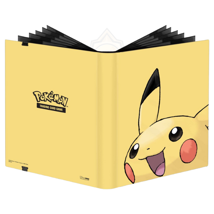 Ultra PRO Pokémon Pikachu 9-Pocket Portfolio displaying vibrant Pikachu artwork on the cover with visible card storage pages.