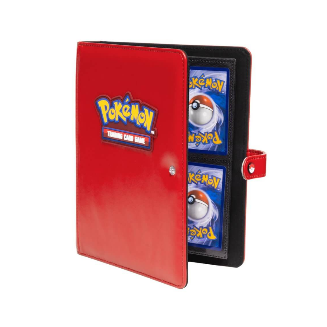 Front view of the Ultra Pro Pokémon Premium Red 4-Pocket Snap Binder showing the red leatherette texture and the enameled Poké Ball snap closure.