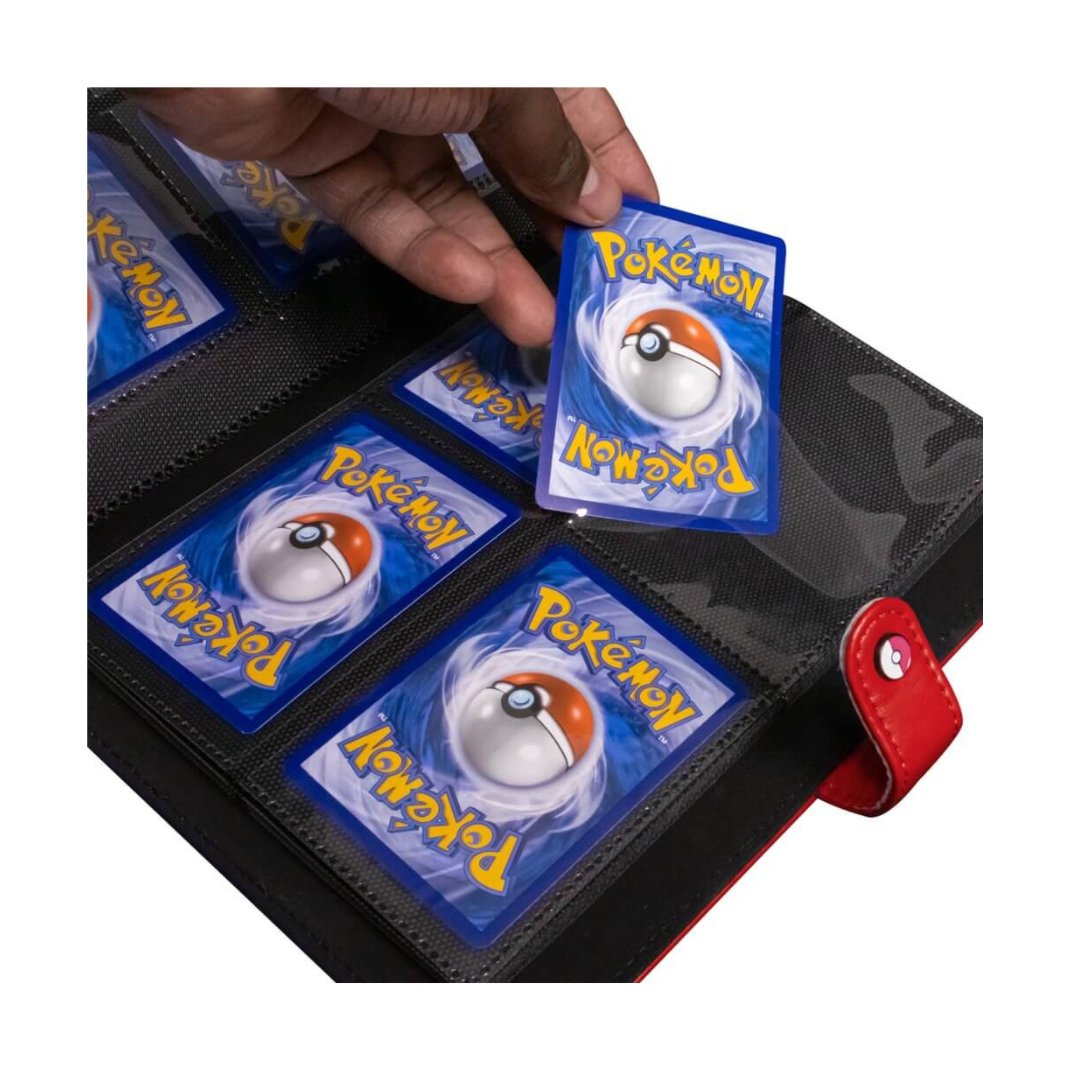 Front view of the Ultra Pro Pokémon Premium Red 4-Pocket Snap Binder showing the red leatherette texture and the enameled Poké Ball snap closure.