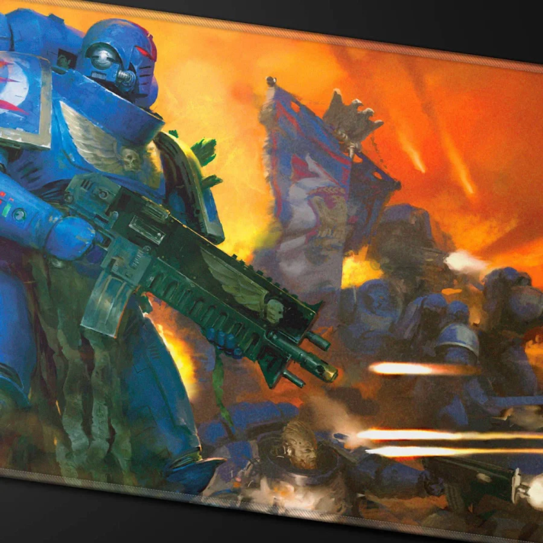 Ultra Pro Space Marines Adeptus Astartes stitched playmat for Warhammer 40,000 (UP16481) full front view with blue-armoured Space Marine and battle-brothers