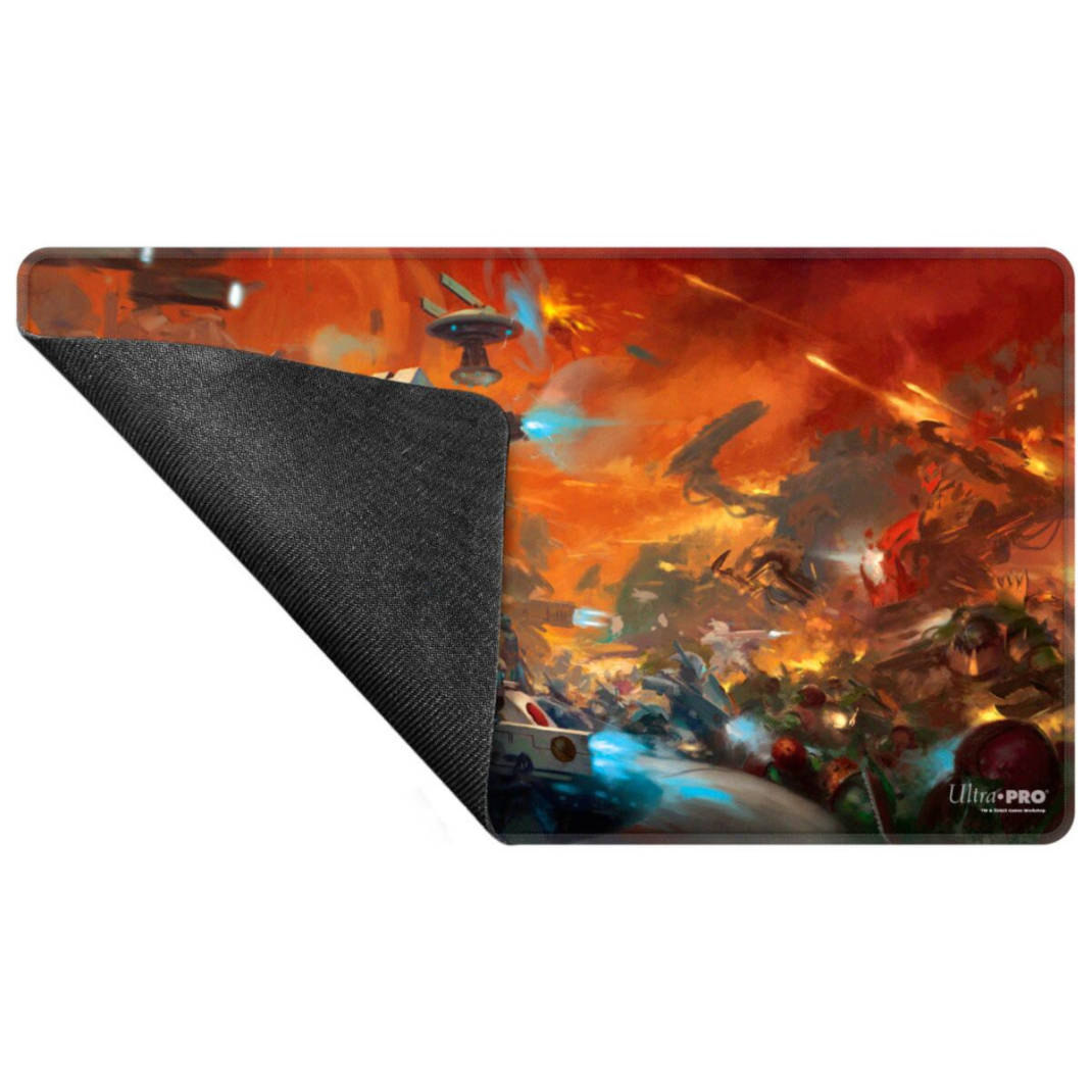 Ultra Pro T’au Empire Codex Aligned stitched playmat UP16559 with a corner lifted showing the black non-slip rubber backing
