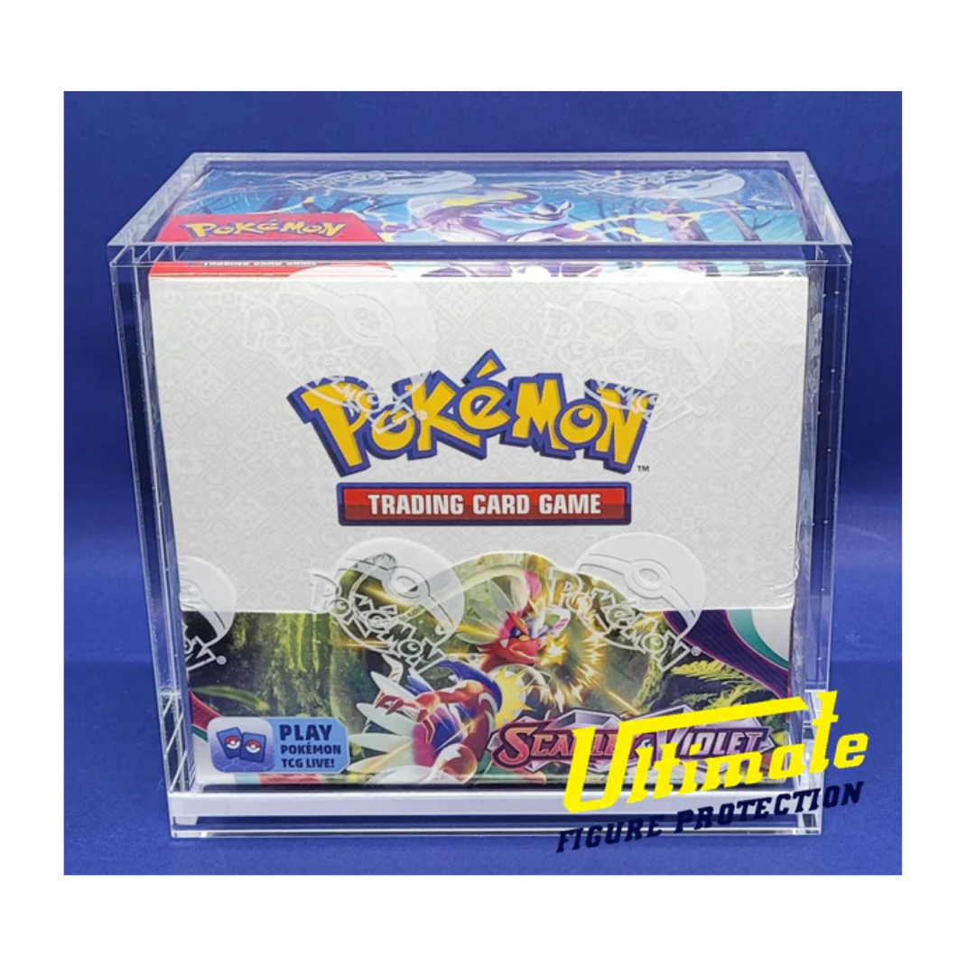 Crystal-clear 5mm thick Pokémon booster box acrylic case by Ultimate Figure Protection with a sealed trading card booster box inside, highlighting the museum-grade UV protection and precise fit.