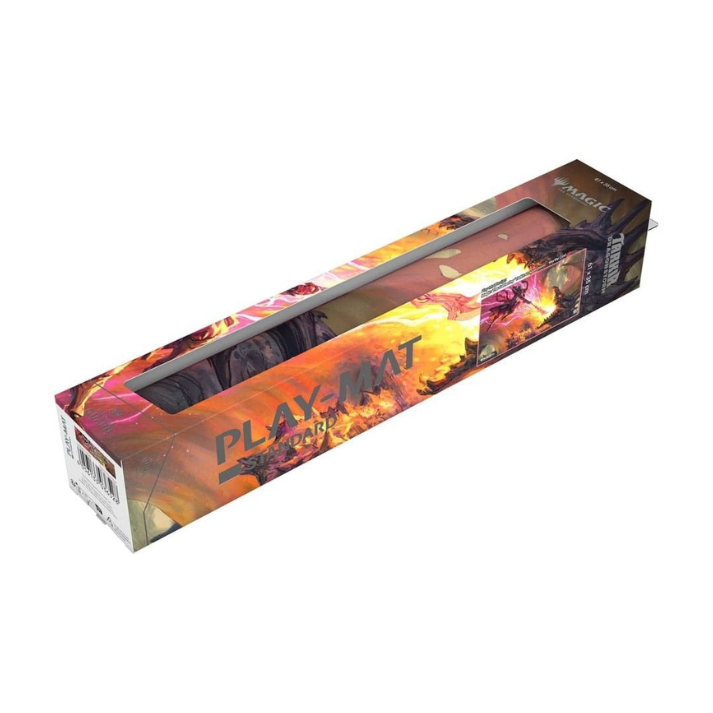 Ultimate Guard Tarkir Dragonstorm playmat featuring Worthy Cost MTG artwork, with anti-slip rubber base and smooth fabric surface for card games.