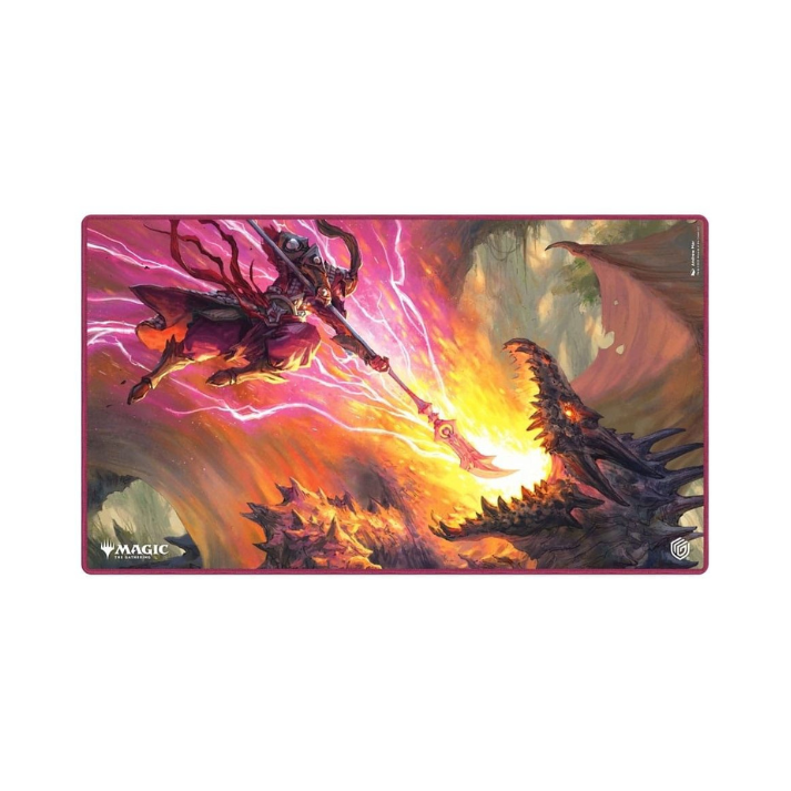 Ultimate Guard Tarkir Dragonstorm playmat featuring Worthy Cost MTG artwork, with anti-slip rubber base and smooth fabric surface for card games.