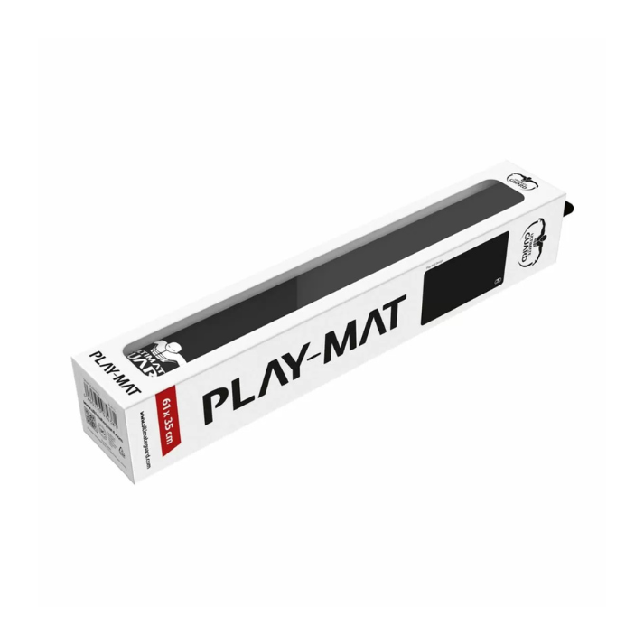 “Ultimate Guard Monochrome Black TCG playmat lying flat on a tabletop, showing its smooth black fabric surface and anti-slip rubber backing (61 × 35 cm) — ideal for Magic, Pokémon and other card games.”