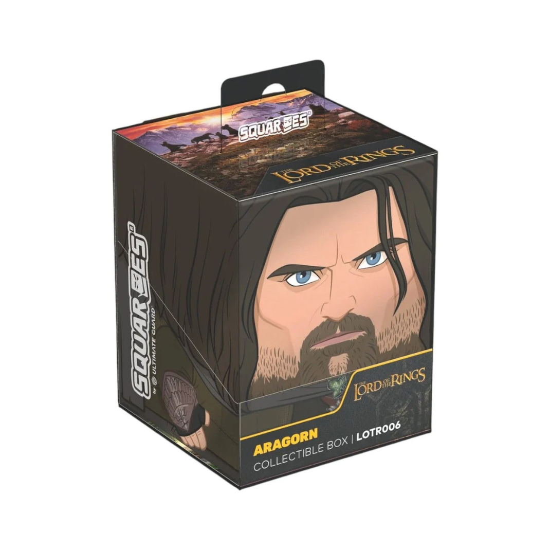 A stylized square-shaped deck box (Squaroe) featuring the character Aragorn from The Lord of the Rings.