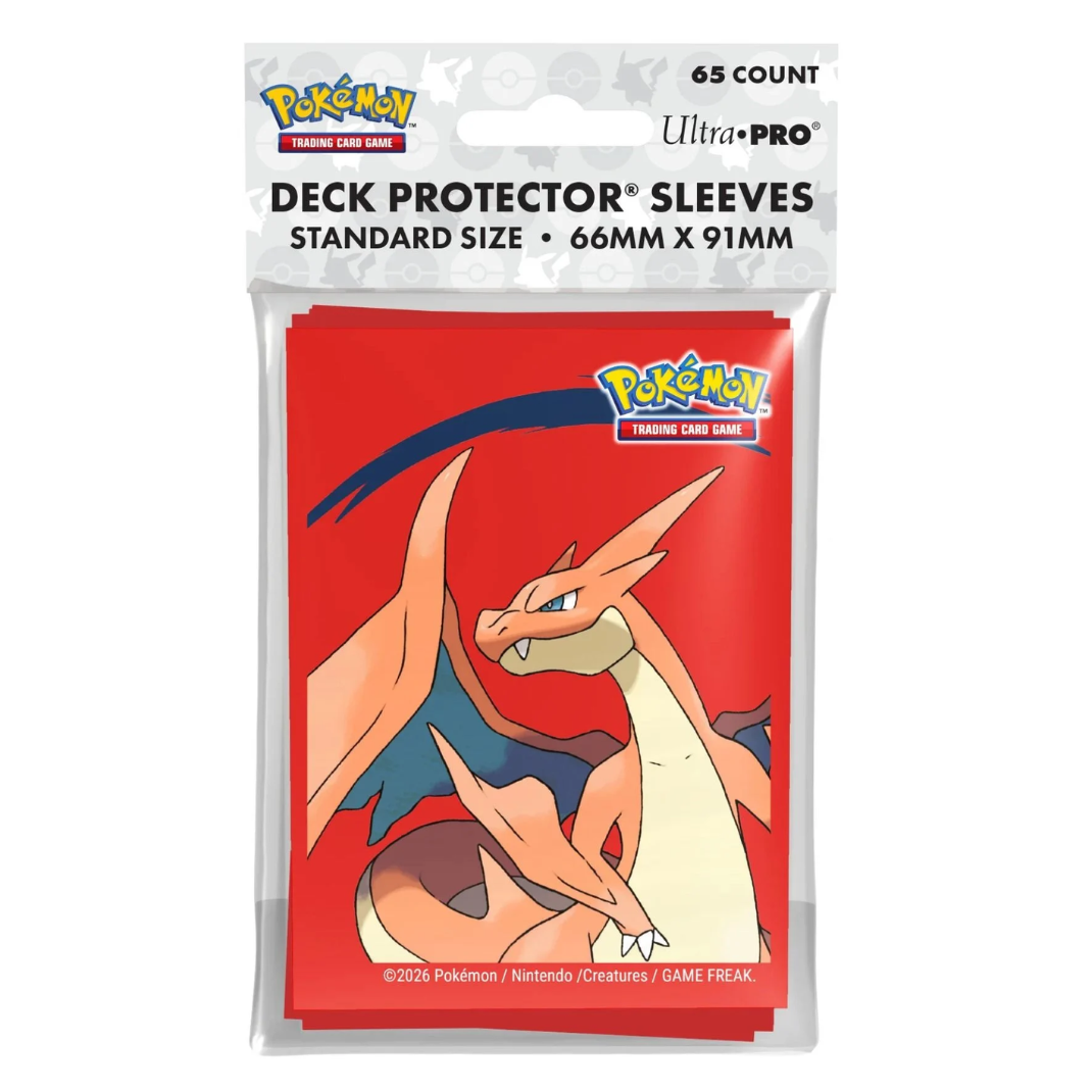 Front packaging of Ultra Pro Pokémon Mega Charizard X and Mega Charizard Y 65-count deck protector sleeves placed side by side.