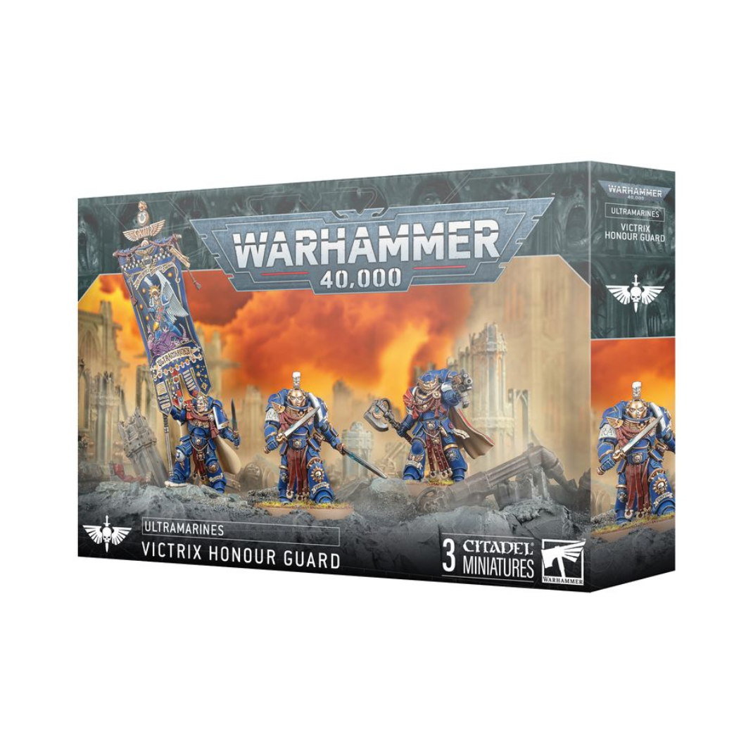 Ultramarines Victrix Honour Guard miniatures kit – three elite Ultramarines bodyguards with Bolter and Power Axe, Banner of Macragge option, 2025 release