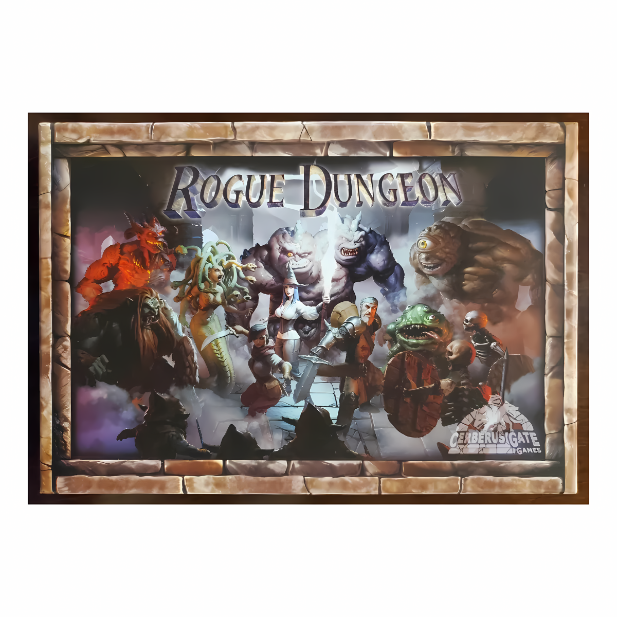 Rogue Dungeon board game box featuring fantasy heroes and monsters in a dungeon setting