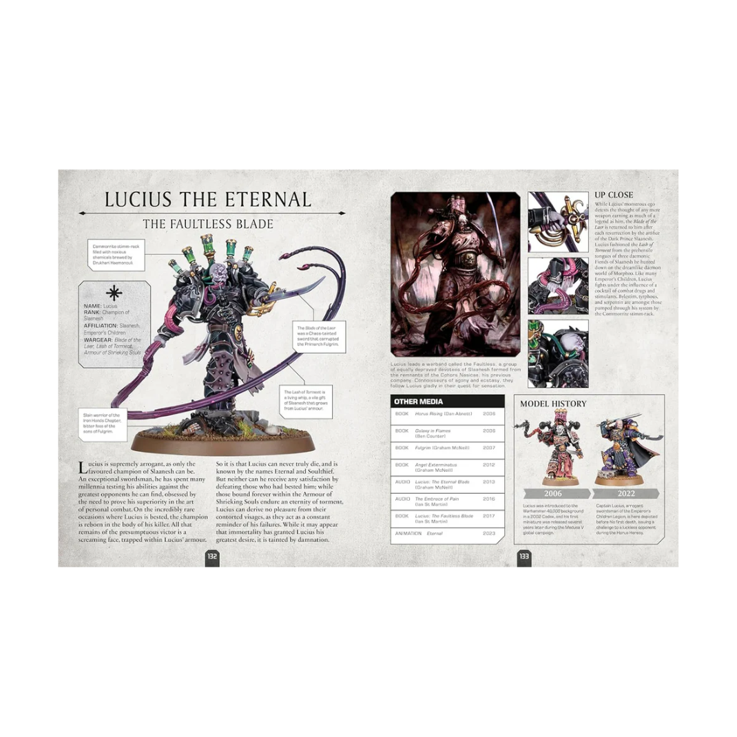 Internal spread of the Character Encyclopedia showing detailed entry, miniature photo, and lore text for a character (e.g., Space Marine or Phoenix Lord).