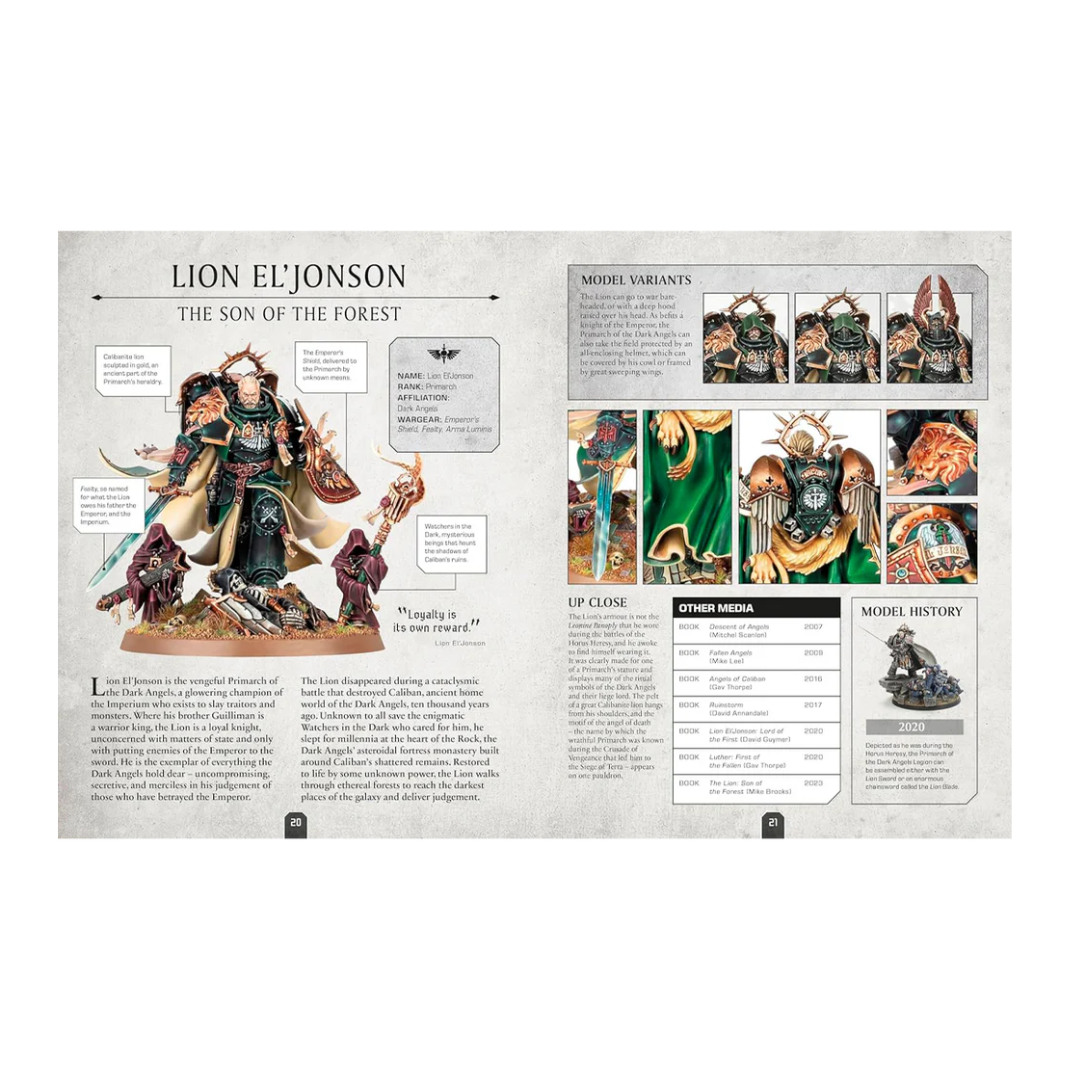 Internal spread of the Character Encyclopedia showing detailed entry, miniature photo, and lore text for a character (e.g., Space Marine or Phoenix Lord).