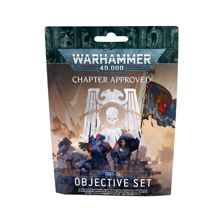 Flexible PET objective markers from the Warhammer 40,000 Chapter Approved 2025–26 Objectives Set laid out on a battlefield.