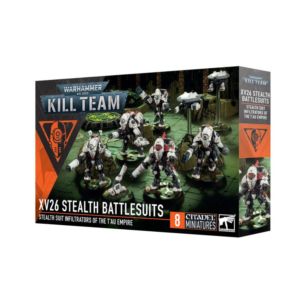 A squad of eight T'au Empire XV26 Stealth Battlesuits in dynamic poses, featuring chameleonic armor and advanced weaponry for Kill Team.