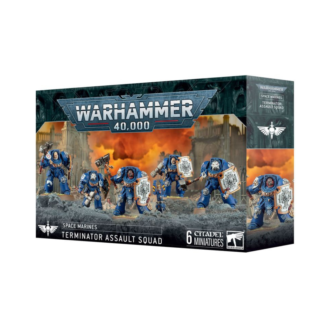 A squad of 5 multipart plastic Space Marines Assault Terminators armed with thunder hammers, storm shields, and lightning claws.