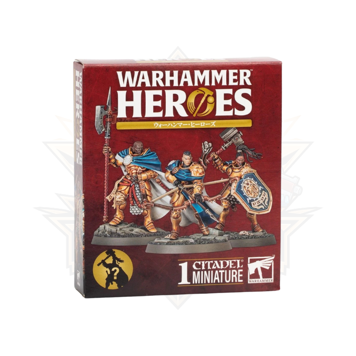 Warhammer Heroes Stormcast Eternals Booster box featuring painted miniature figures on red background