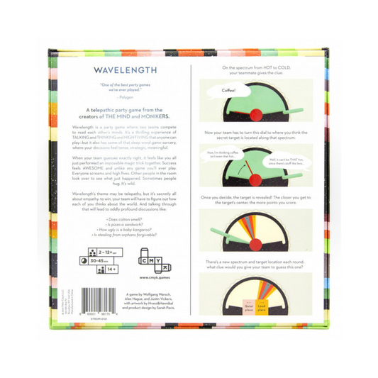 Game box for 'Wavelength' with colorful design and text on a white background