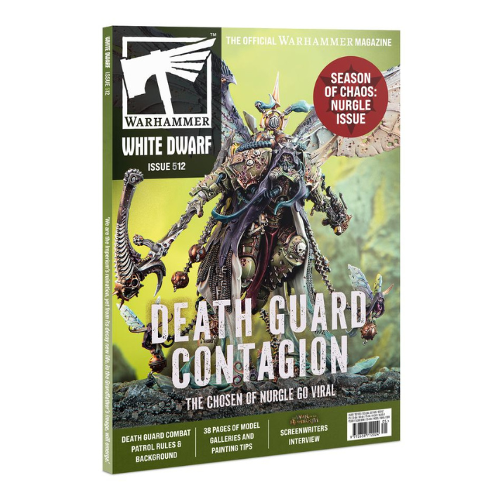 White Dwarf Magazine Issue 512 (May 2025) cover featuring Death Guard artwork and Nurgle-themed content
