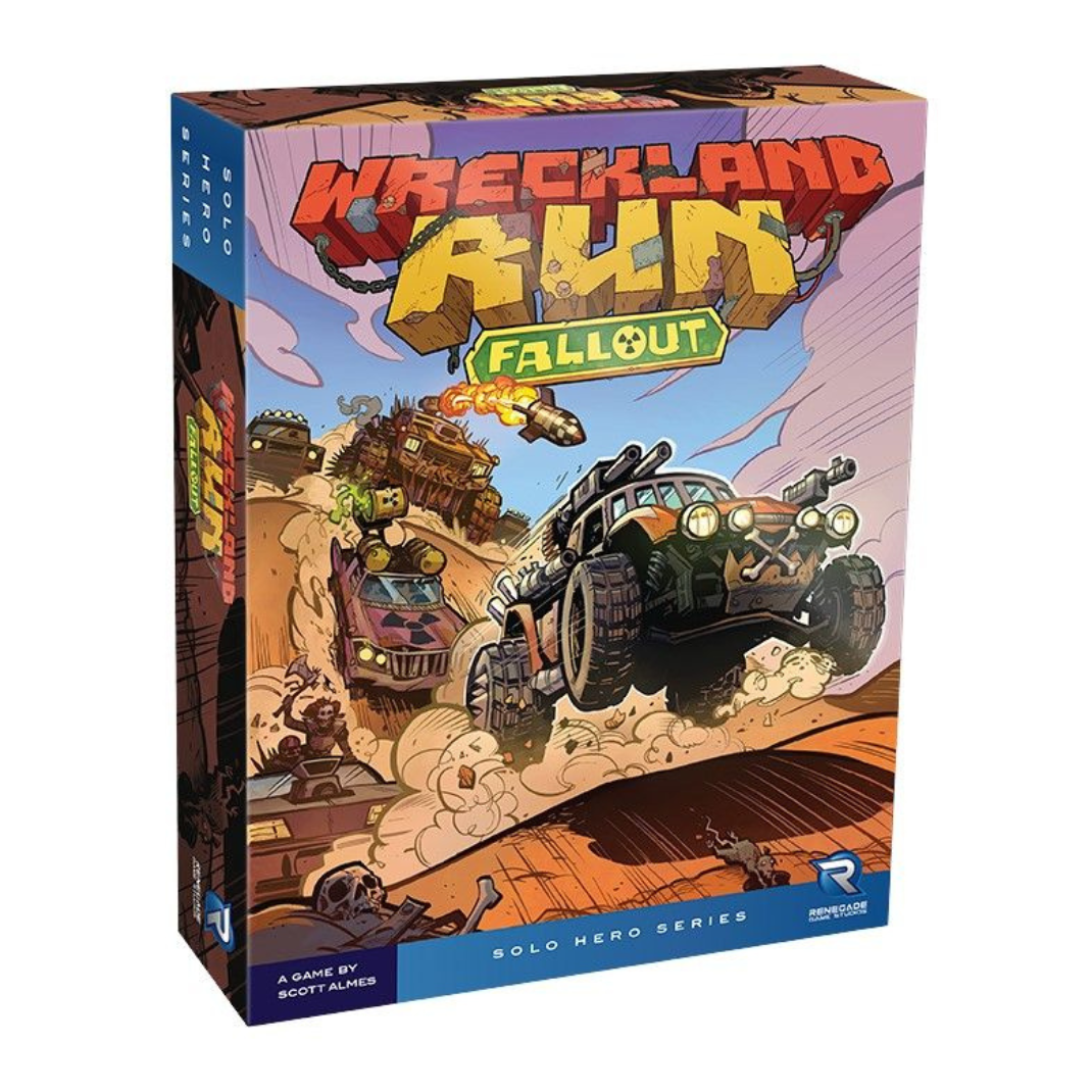 The Wreckland Run: Fallout expansion box, showing new vehicle mats and green toxic gems alongside the new campaign book and secret envelopes.
