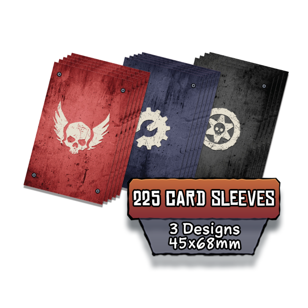 The Wreckland Run custom card sleeves pack, showing the three different colored designs (Red, Blue, and Black) with post-apocalyptic artwork.