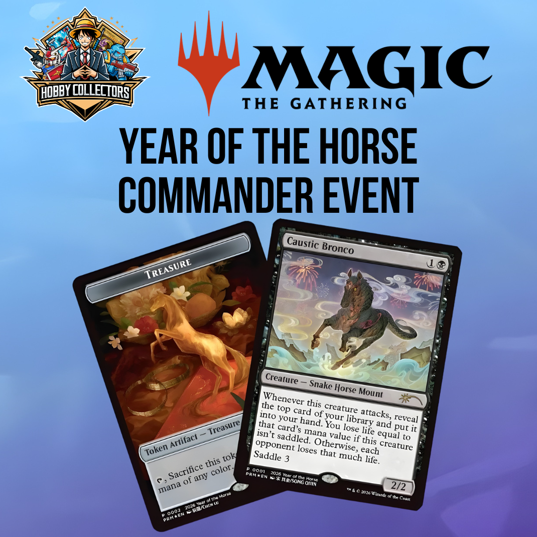 Magic the Gathering Year of the Horse Commander event at Hobby Collectors Australia with promotional items and multiplayer pods.
