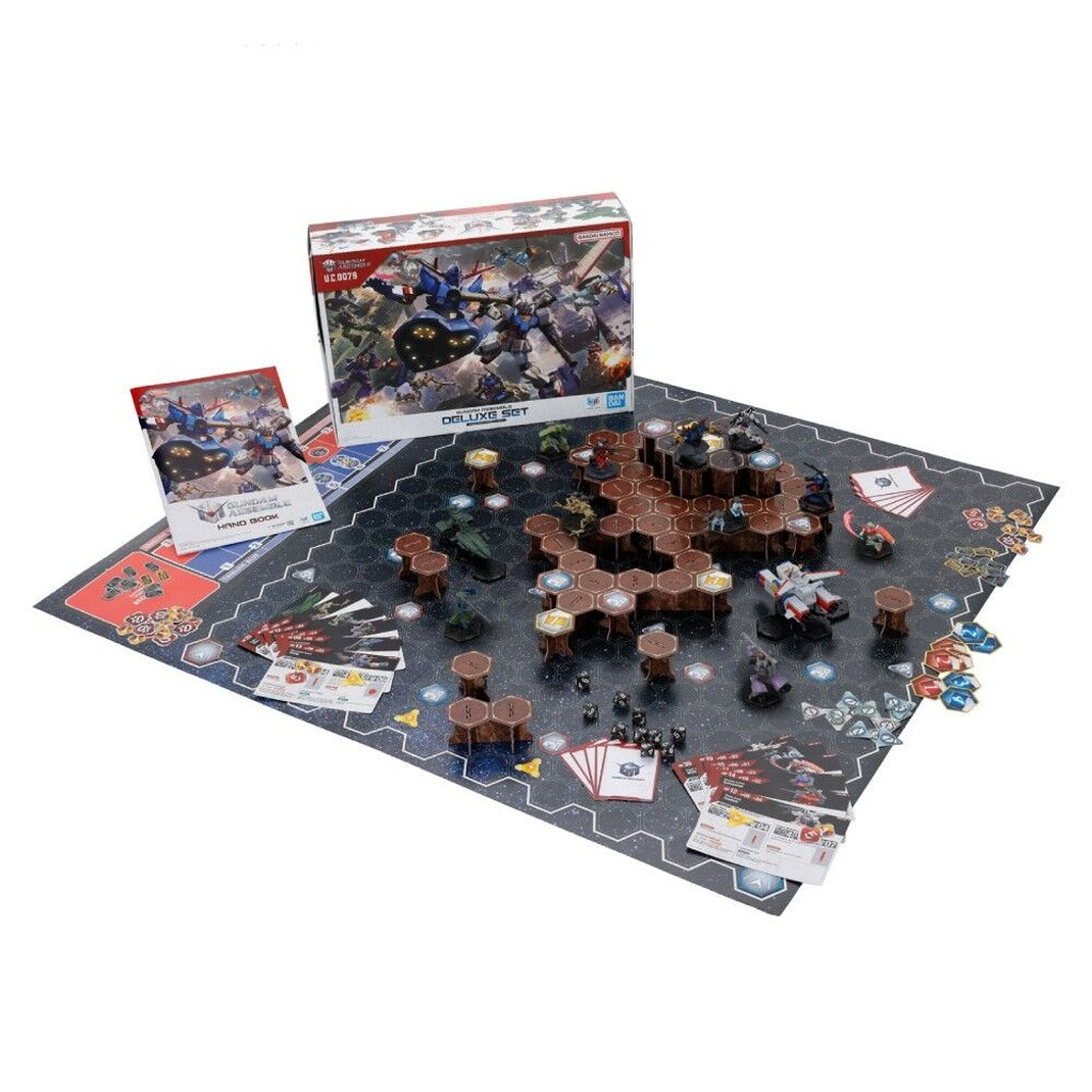 Gundam Assemble Deluxe Set 01 DX01 box with hand book, starfield battle map, terrain, cards, dice and painted figures