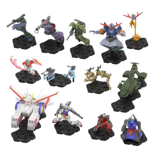 Gundam Assemble Deluxe Set 01 contents: 13 unpainted figures including RX-78-2 Gundam, Zeong, Zaku, White Base and Guncannon on hex bases