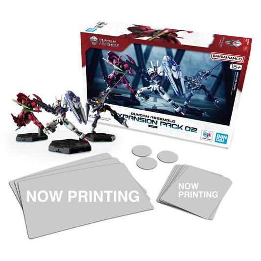 Gundam Assemble Expansion Pack 02 EX02 box with three miniature figures and card and token components