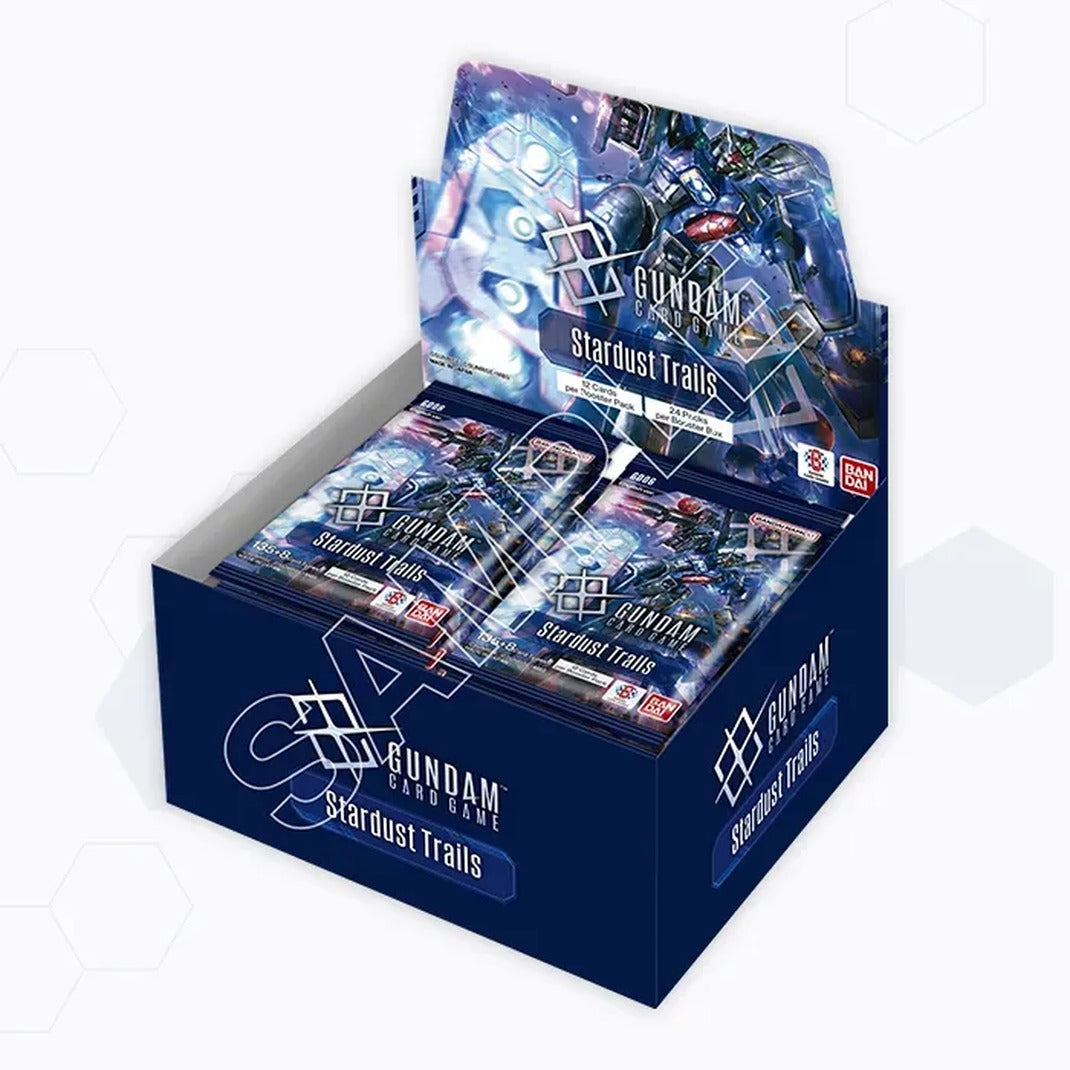 Gundam Card Game Stardust Trails GD06 booster display box open showing booster packs with Gundam artwork