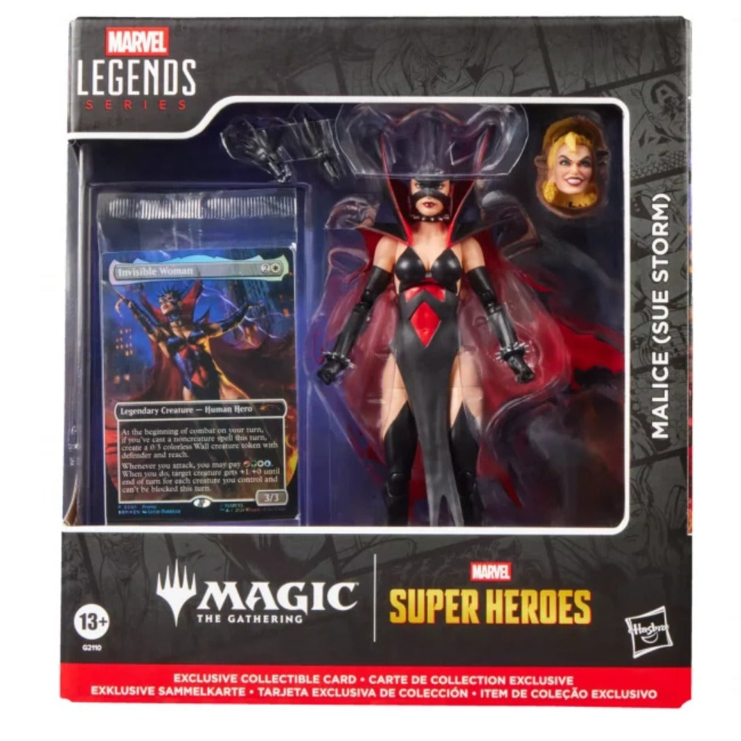 Marvel Legends Series Malice (Sue Storm) action figure in Magic: The Gathering x Marvel Super Heroes box with Invisible Woman collectible card