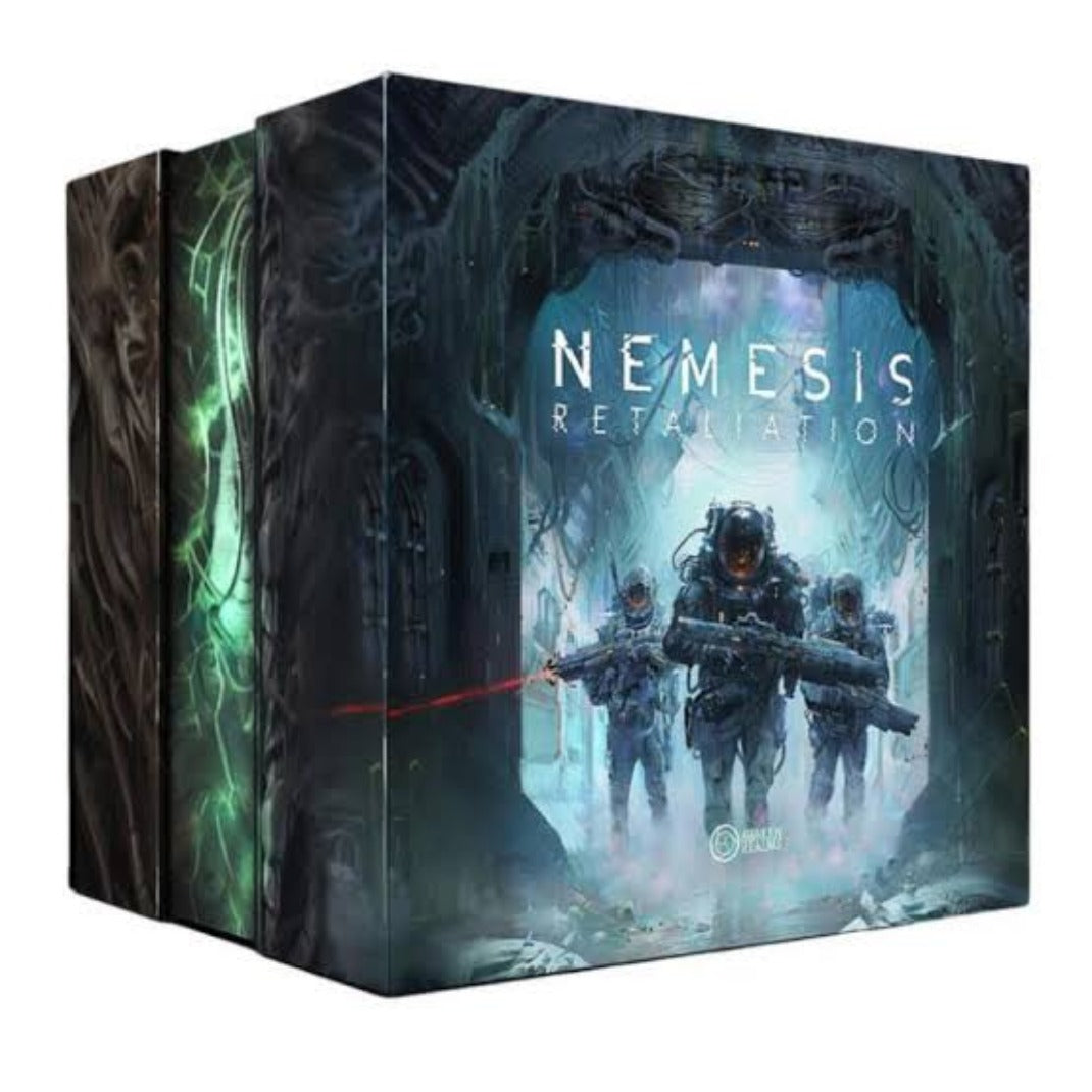 Nemesis: Retaliation Core Box front – three armoured Space Marines advancing down a dark alien corridor