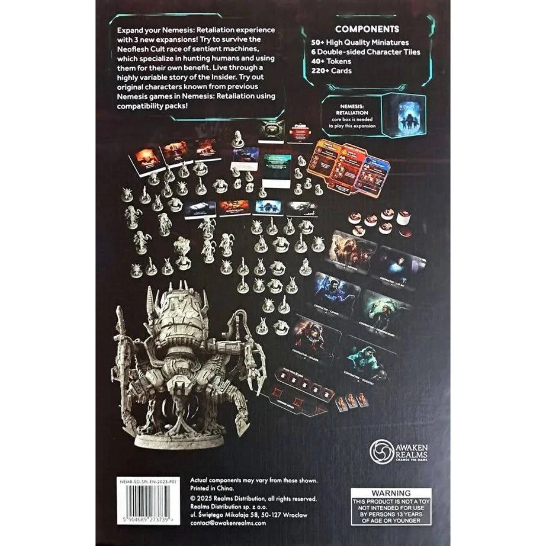Nemesis: Retaliation Stretch Goals Box back – component list and spread of Neoflesh Cult miniatures, cards and character tiles