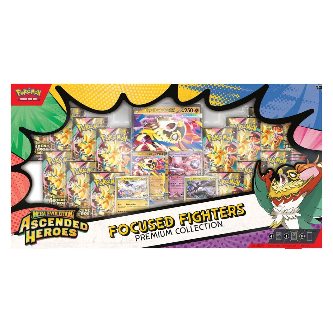 Pokémon Mega Evolution Ascended Heroes Focused Fighters Premium Collection front view showing 4 promo cards, oversized card and 14 boosters