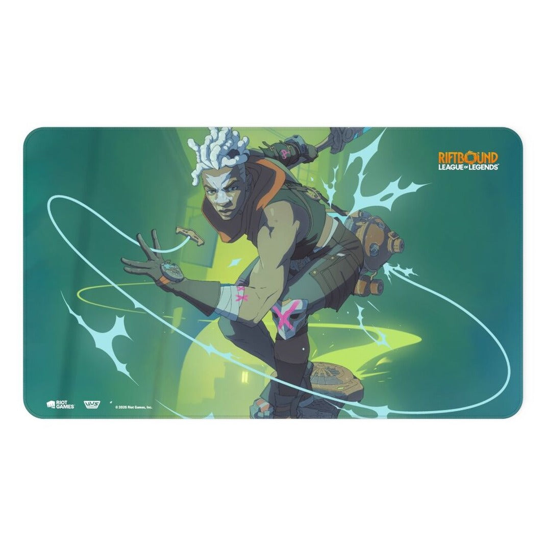 Riftbound League of Legends TCG Radiance Playmat 24 x 14 neoprene, Ekko, Boy Who Shattered Time artwork of Ekko leaping with a green time trail