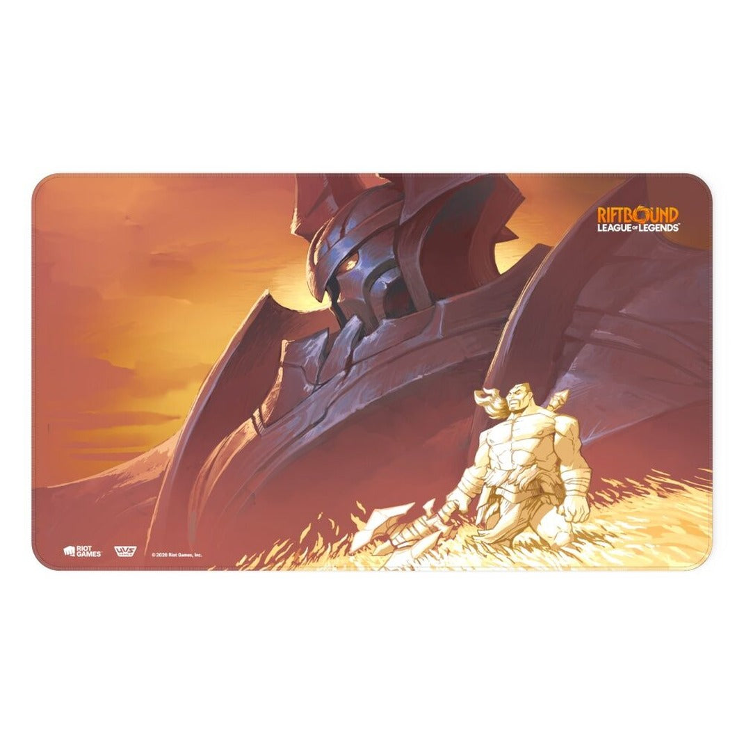 Riftbound League of Legends TCG Radiance Playmat 24 x 14 neoprene, Mordekaiser, Iron Revenant artwork of a giant armoured Mordekaiser over a golden statue