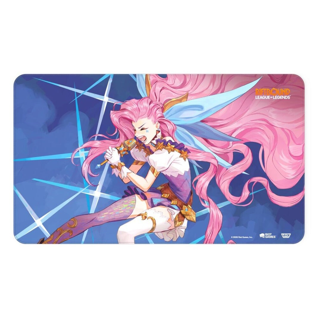 Riftbound League of Legends TCG Radiance Playmat 24 x 14 neoprene, Seraphine, Starry-Eyed Songstress artwork of Seraphine singing into a microphone with long pink hair