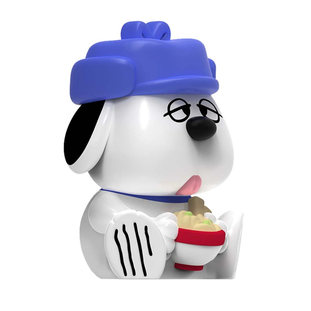 Olaf figure in a blue hat holding a bowl of noodles, Rokimoto Peanuts Series 2