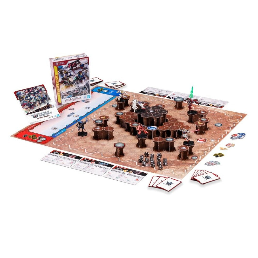 Gundam Assemble Starter Set 01 ST01 box with hand book, hex battle map, terrain, cards, dice and painted Gundam figures
